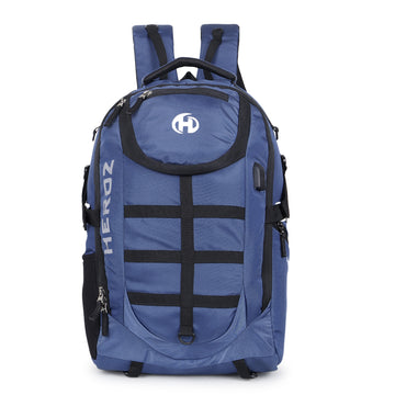 Blue backpack with black straps on a white background