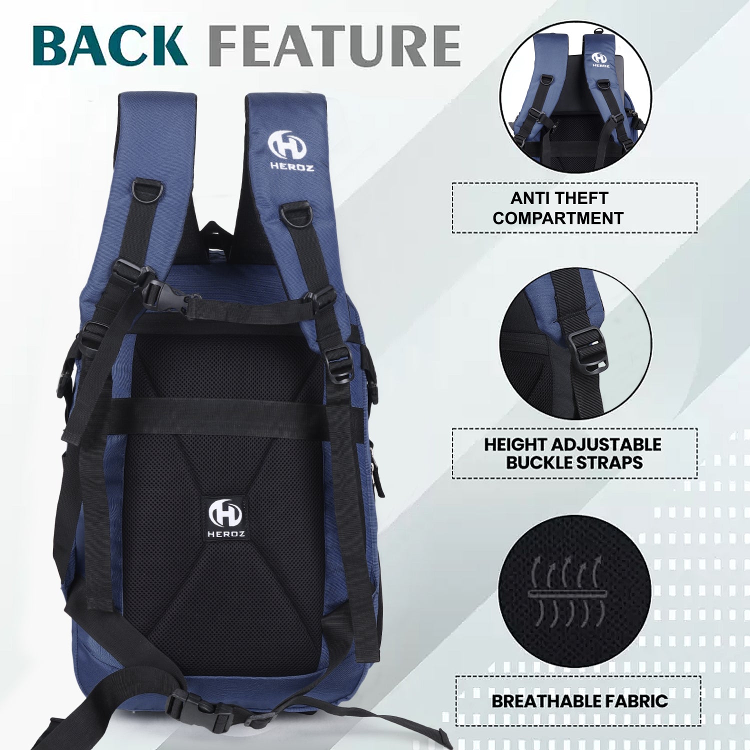 Blue and black backpack with features highlighted on a white background