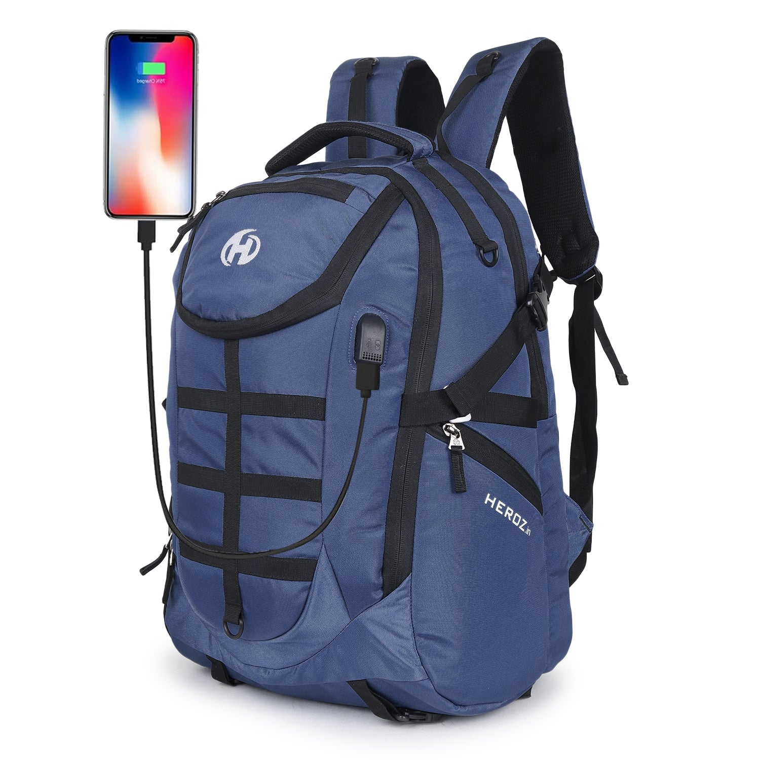 Blue backpack with USB port and smartphone showing colorful display on a white background