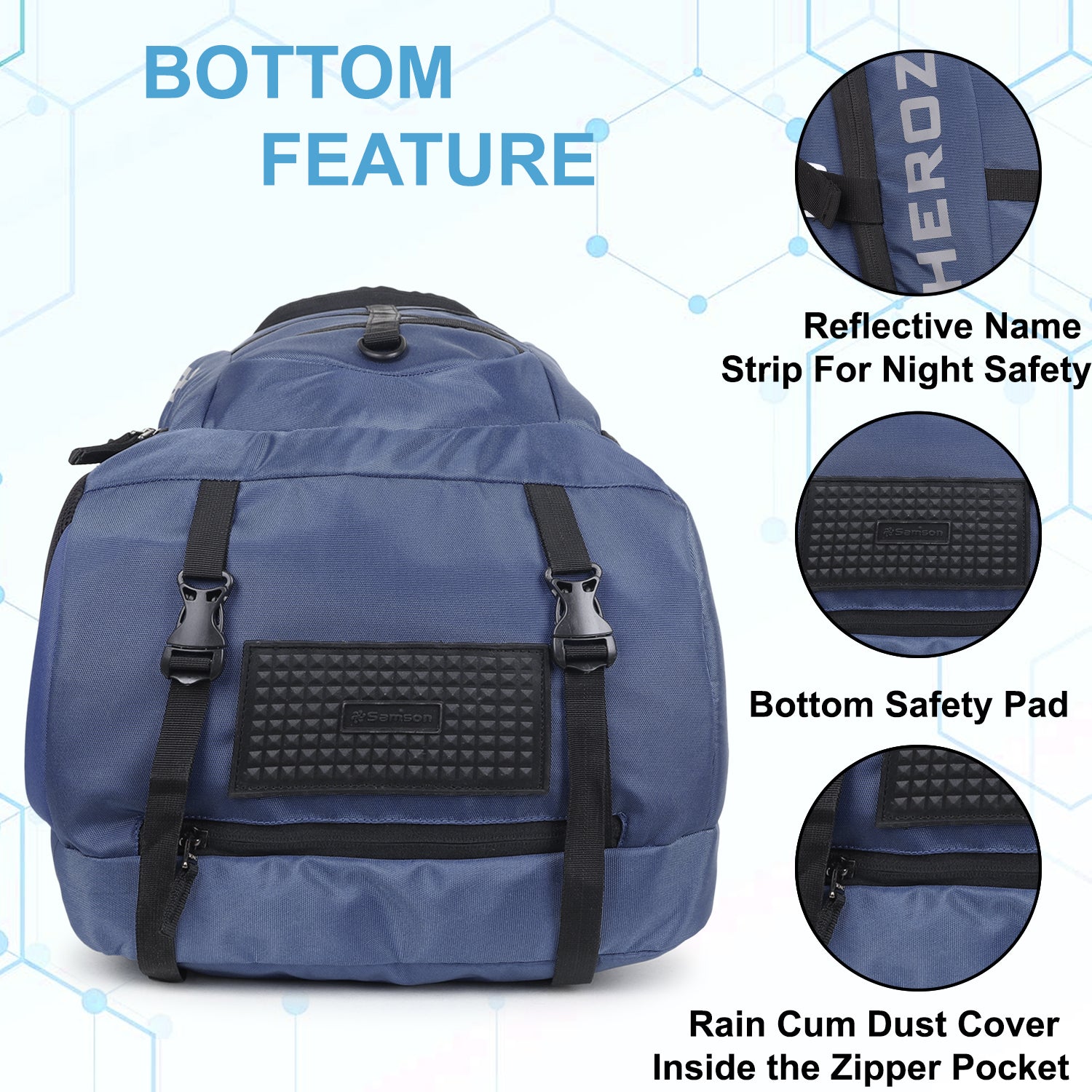 Blue backpack with reflective name strip, bottom safety pad, and rain cum dust cover feature details on a white background.