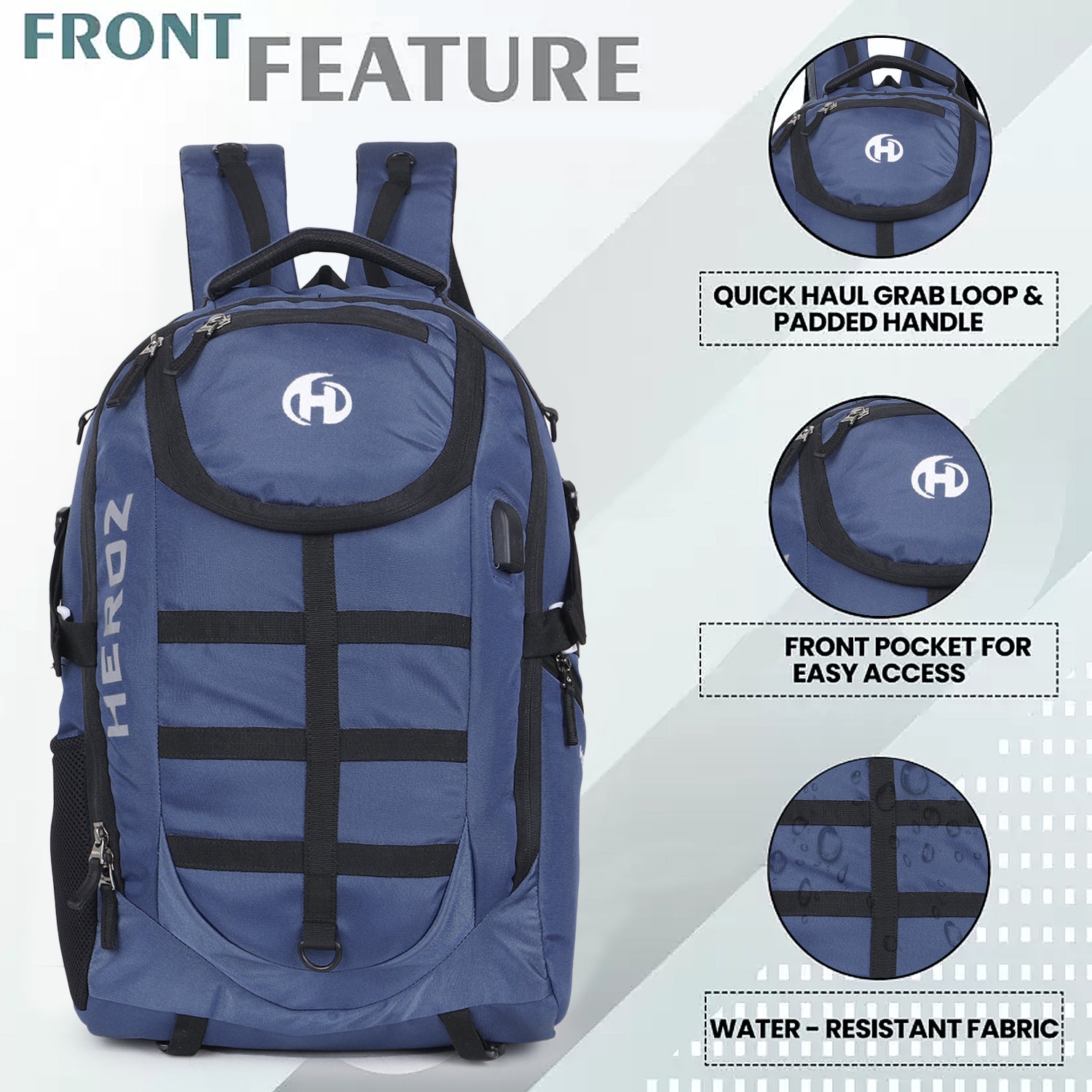 Blue backpack with features highlighted on a white background