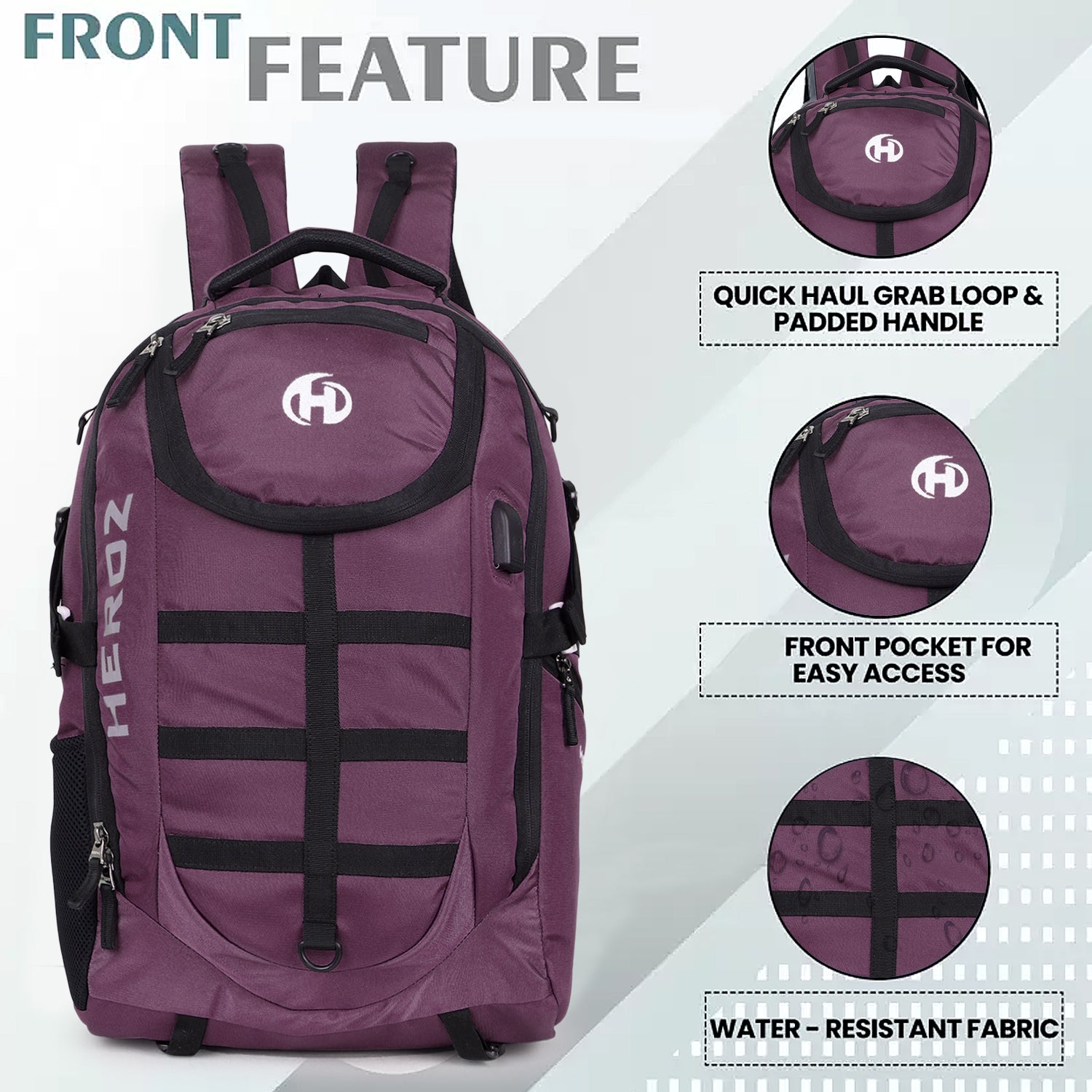 Purple backpack with features highlighted on a white background