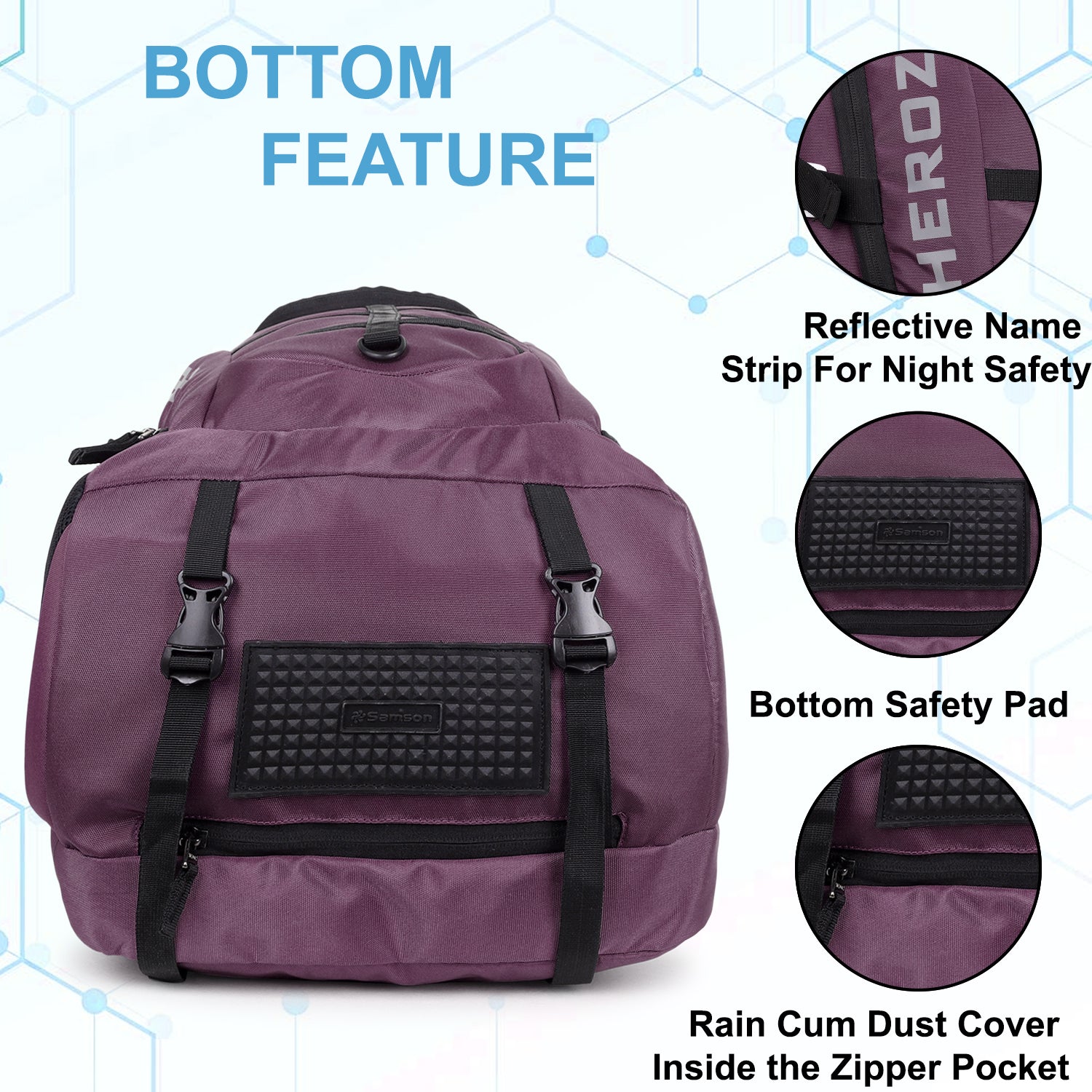 Purple backpack with reflective name strip, bottom safety pad, and rain cum dust cover feature details.