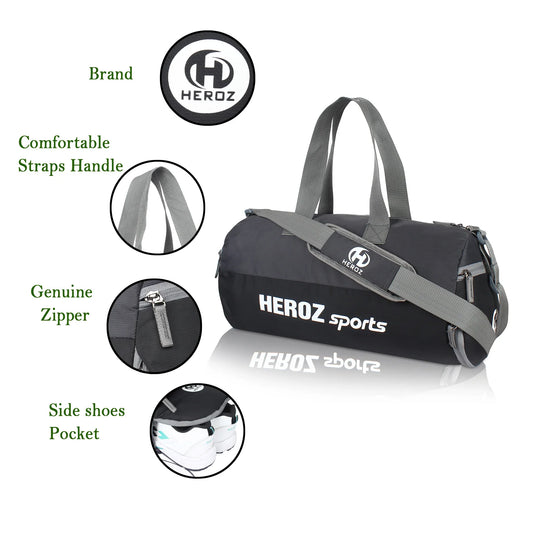 HEROZ Young 22-L Gym Duffle Bag Waterproof for Men/Women Bag with Shoes Compartment (Black & Grey) - HEROZ