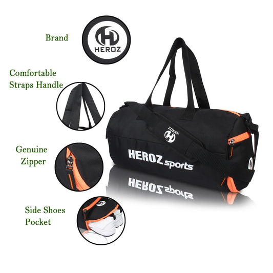 HEROZ Young 22-L Gym Duffle Bag Waterproof for Men Women Bag with Shoes Compartment (Black & Orange Zip) - HEROZ