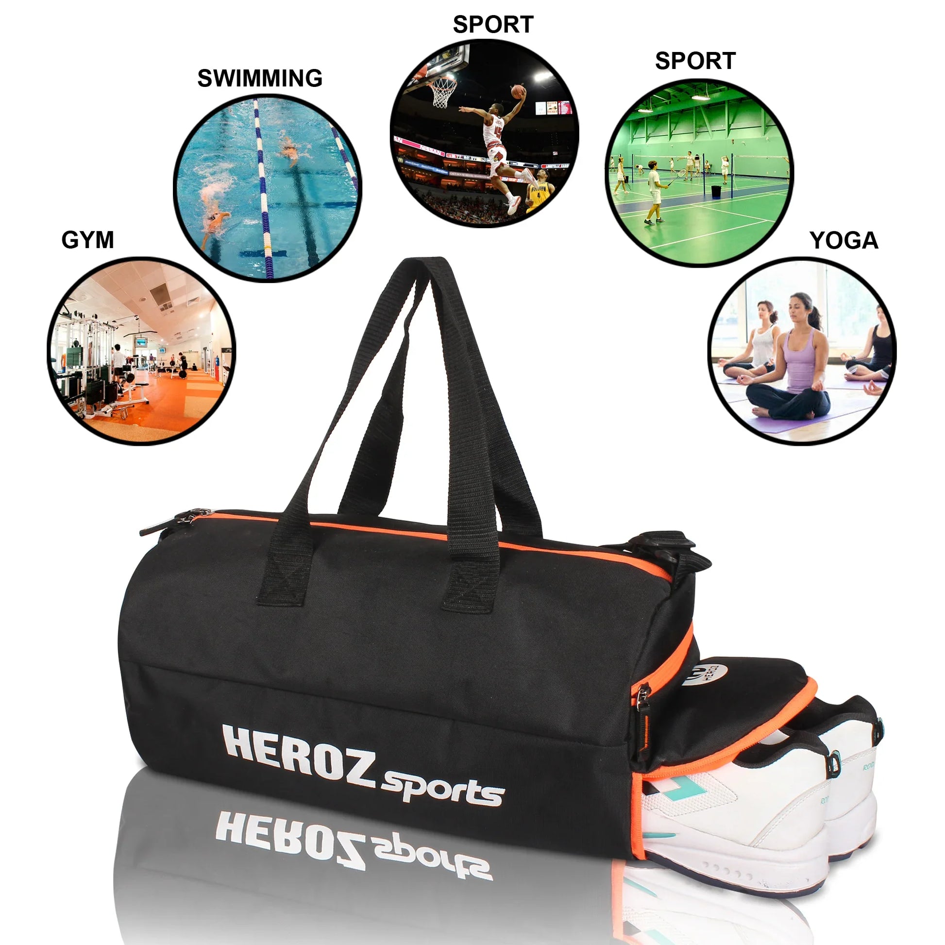 HEROZ Young 22-L Gym Duffle Bag Waterproof for Men Women Bag with Shoes Compartment (Black & Orange Zip) - HEROZ