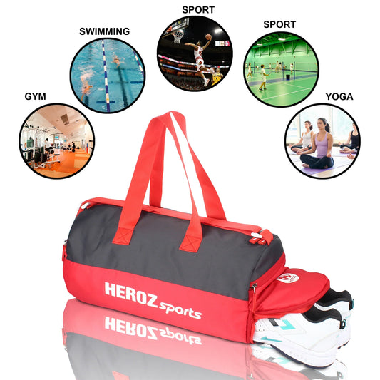 HEROZ Young 22-L Gym Duffle Bag Waterproof for Men Women Bag with Shoes Compartment (Black & Red) - HEROZ