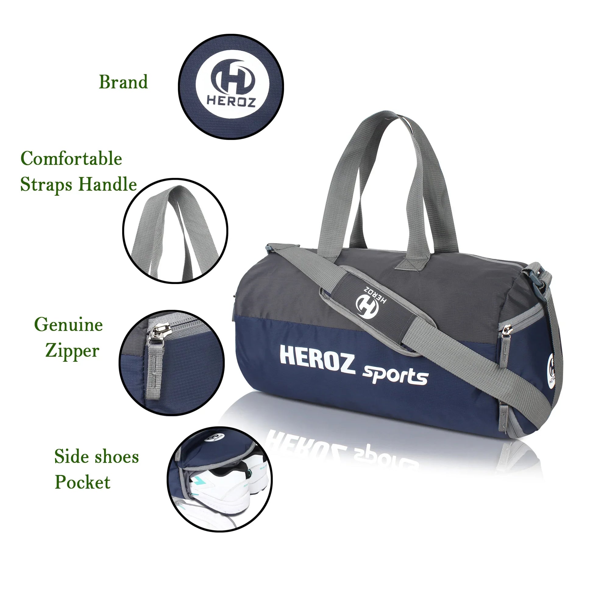 HEROZ Young 22-L Gym Duffle Bag Waterproof for Men Women Bag with Shoes Compartment (Grey & Navy Blue) - HEROZ