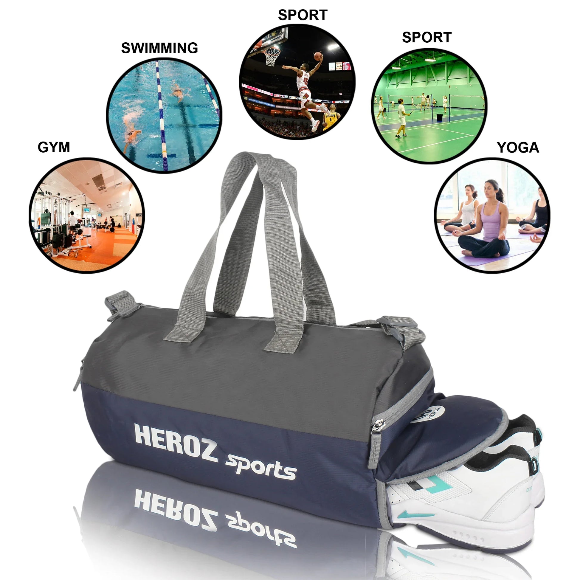 HEROZ Young 22-L Gym Duffle Bag Waterproof for Men Women Bag with Shoes Compartment (Grey & Navy Blue) - HEROZ