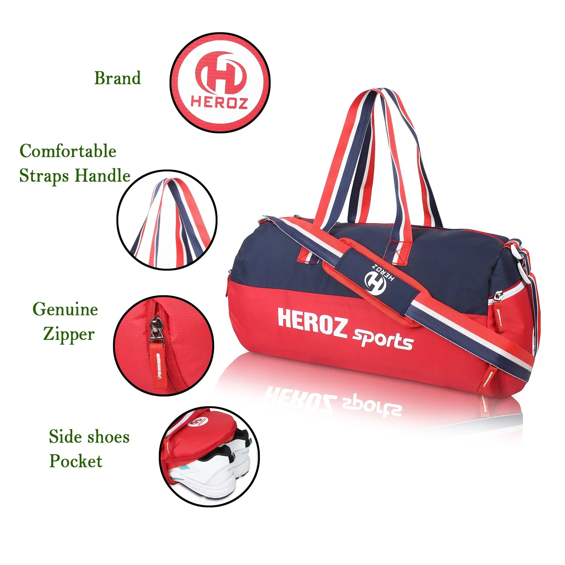 HEROZ Young 22-L Gym Duffle Bag Waterproof for Men Women Bag with Shoes Compartment (Red & Navy Blue) - HEROZ