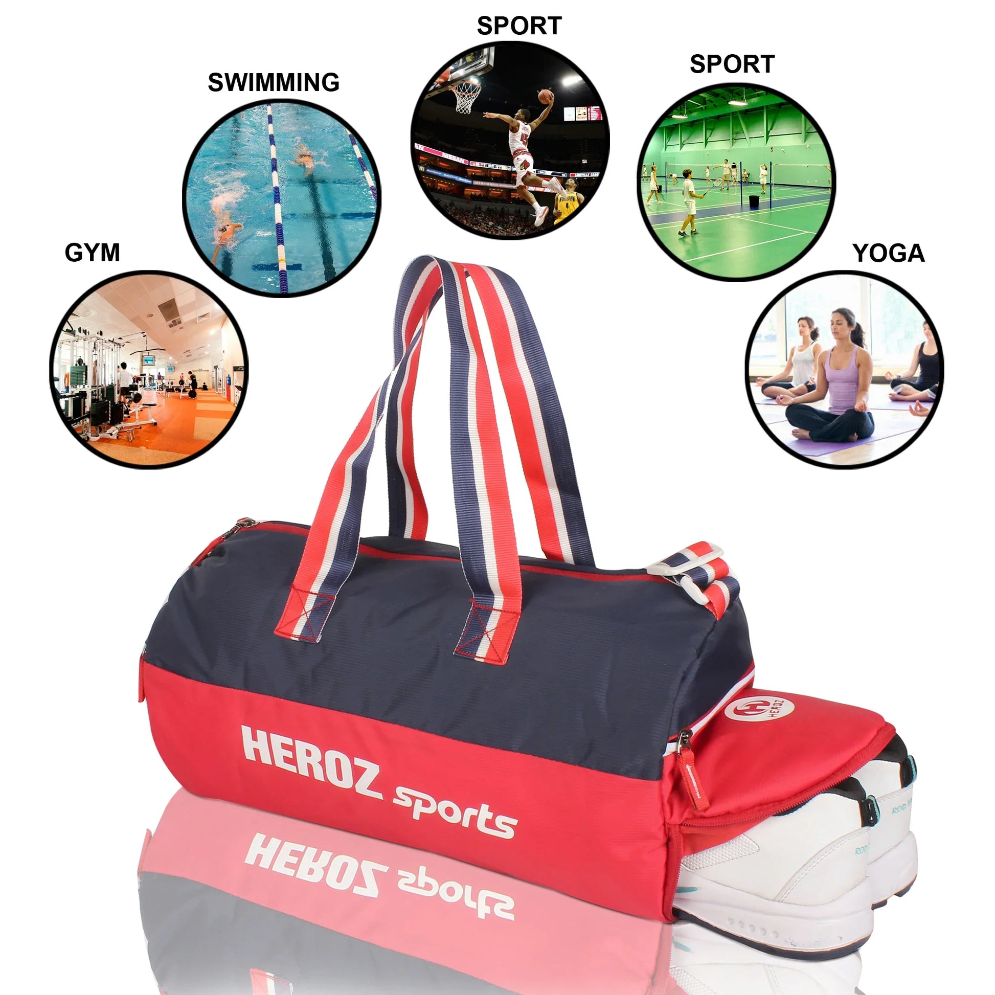 HEROZ Young 22-L Gym Duffle Bag Waterproof for Men Women Bag with Shoes Compartment (Red & Navy Blue) - HEROZ