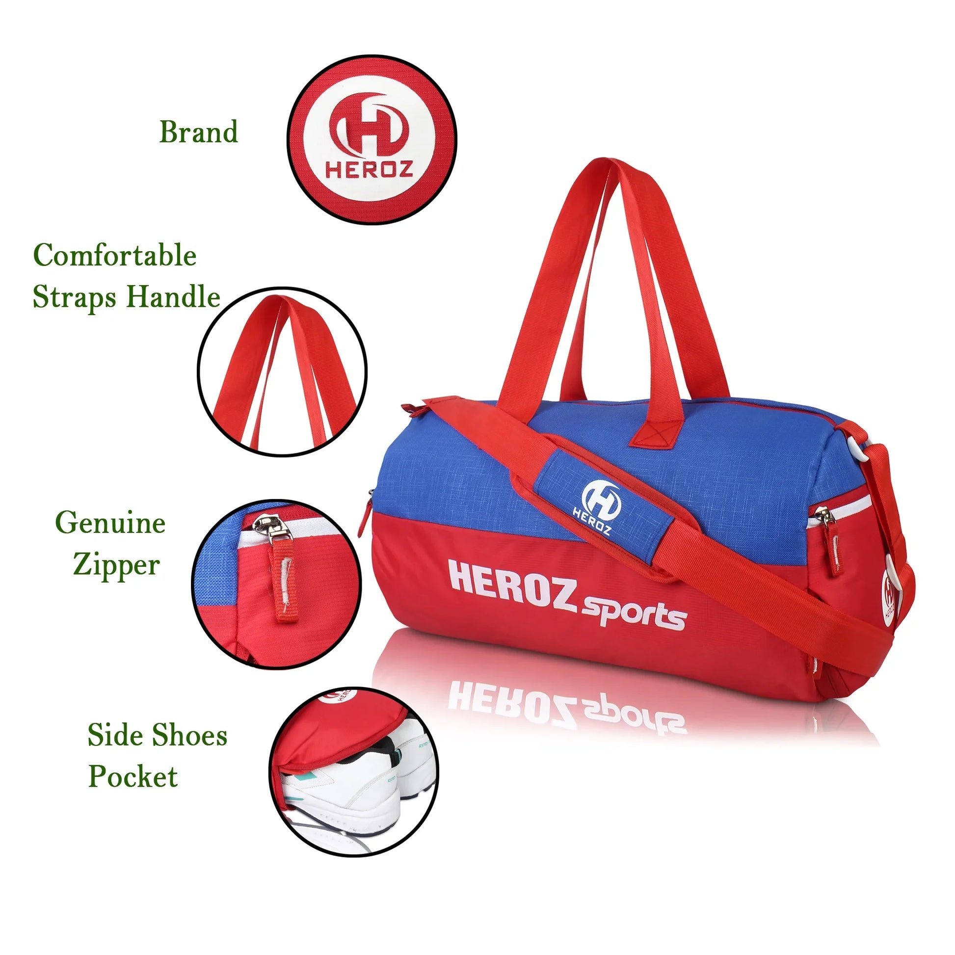 HEROZ Young 22-L Gym Duffle Bag Waterproof for Men/Women Bag with Shoes Compartment (Red & Royal Blue) - HEROZ