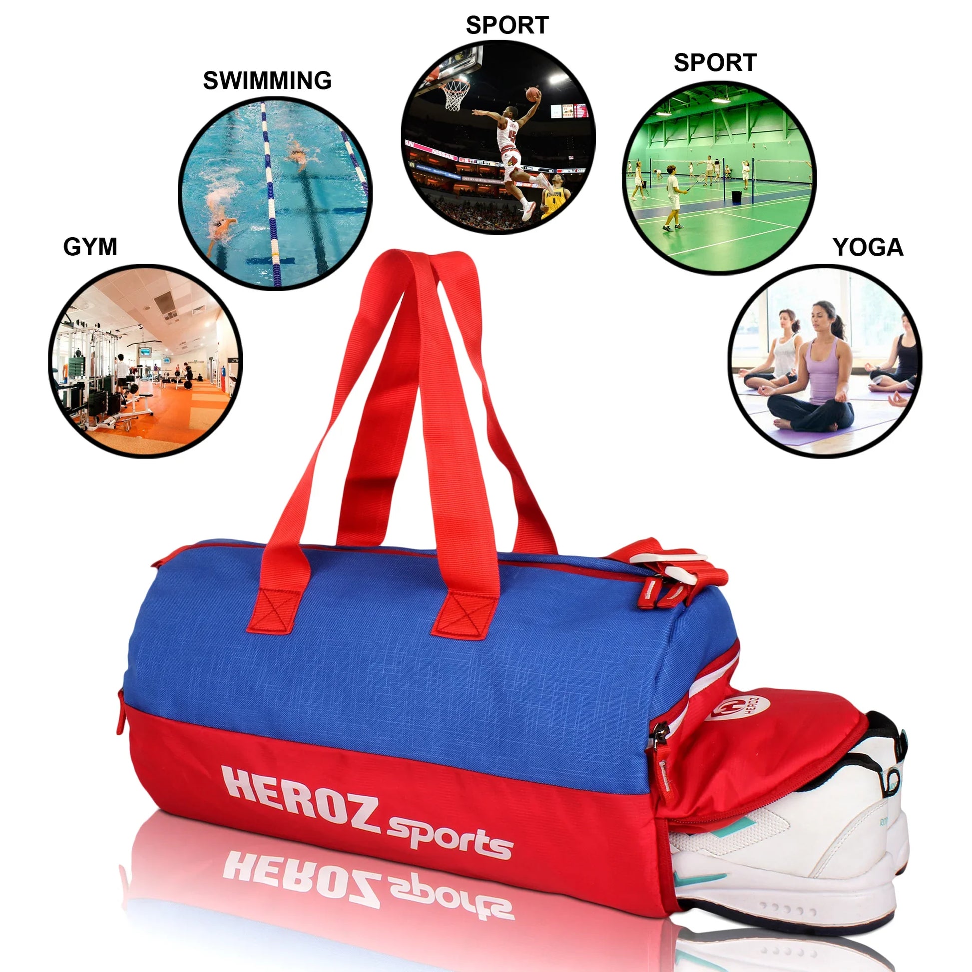 HEROZ Young 22-L Gym Duffle Bag Waterproof for Men/Women Bag with Shoes Compartment (Red & Royal Blue) - HEROZ
