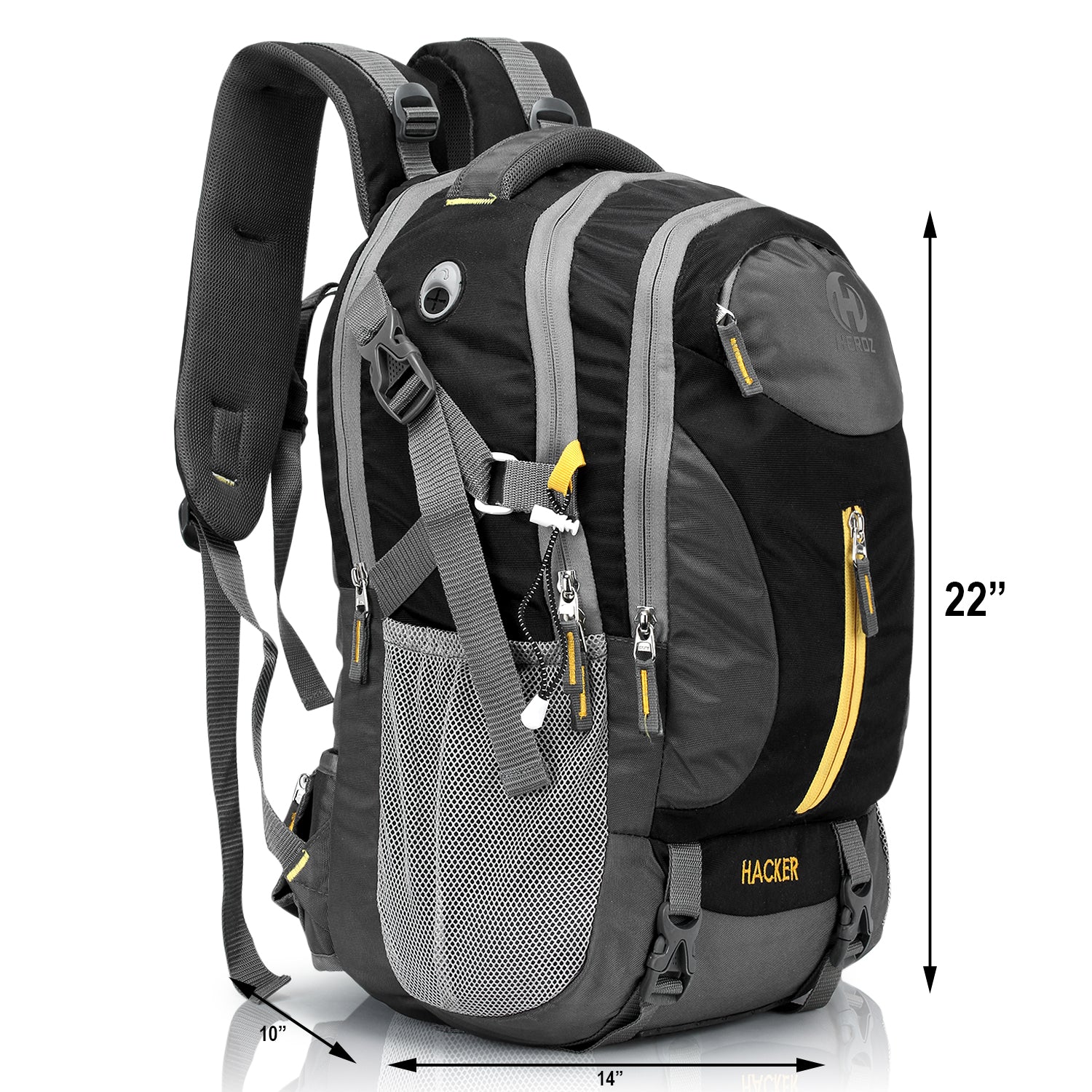 Black and gray backpack with yellow accents and dimensions on a white background