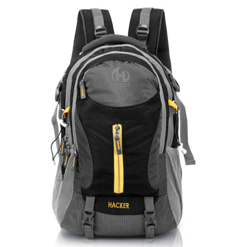Gray and black backpack with yellow accents on a white background