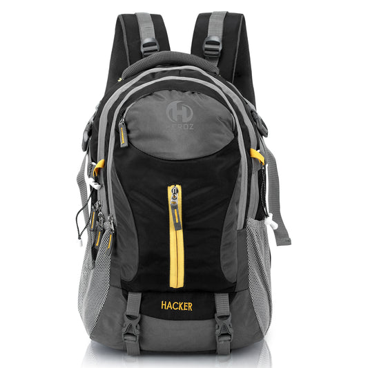 Gray and black backpack with yellow accents on a white background