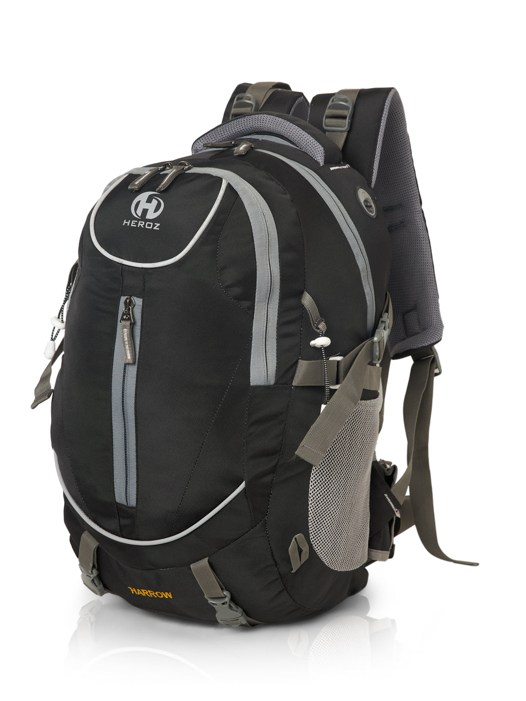 Black and gray backpack with visible brand logo on a white background