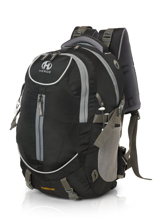 Black and gray backpack with visible brand logo on a white background