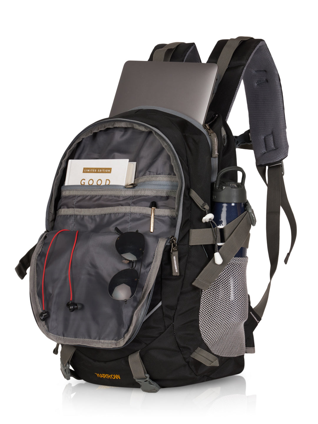 Black and gray backpack with compartments on a white background
