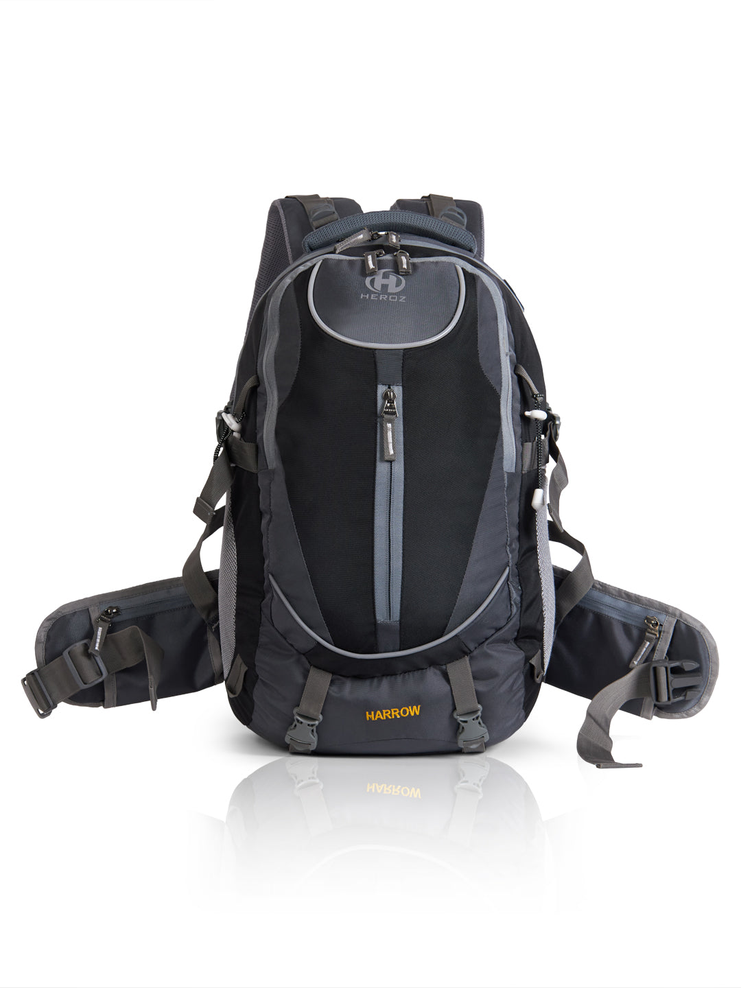 Black hiking backpack with visible brand logo on a white background