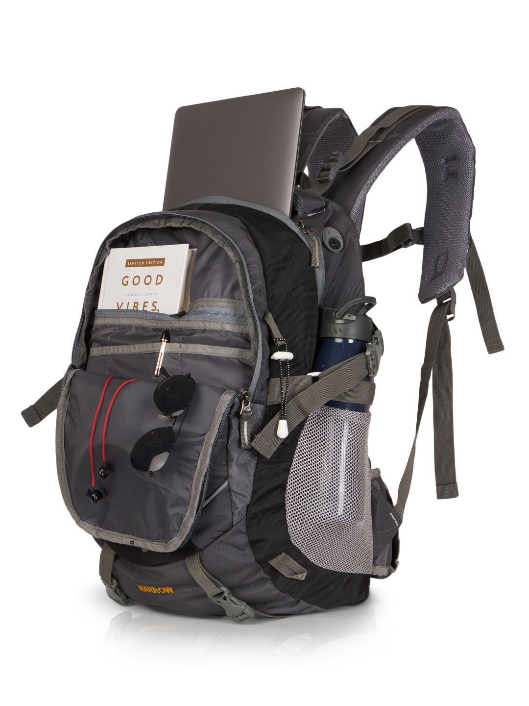 Gray backpack with laptop compartment on a white background