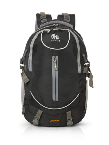 Black and gray backpack with HEROZ branding on a white background