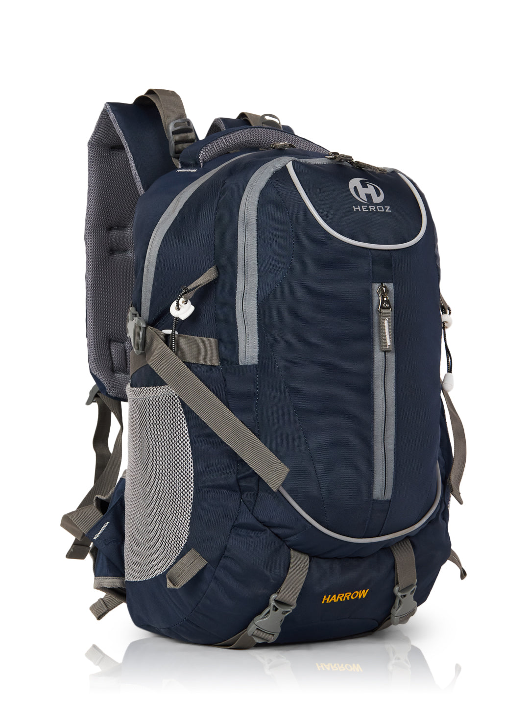Blue backpack with gray straps on a white background