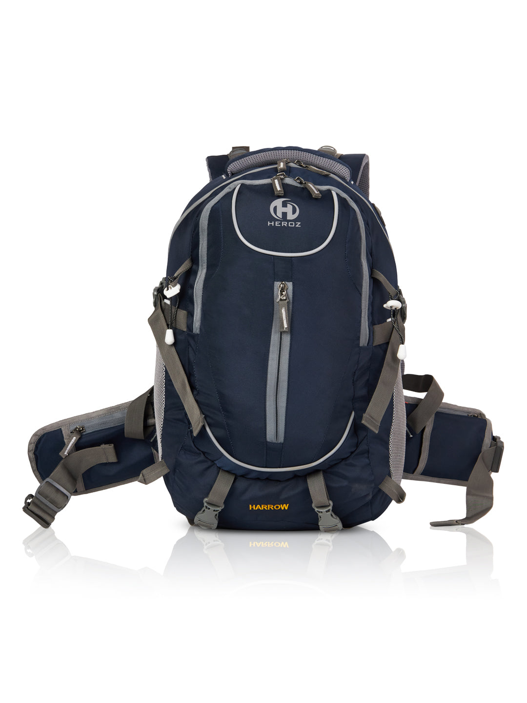 Blue hiking backpack with gray straps on a white background