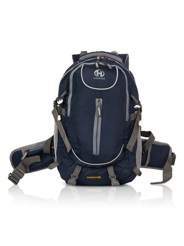 Blue hiking backpack with gray straps on a white background