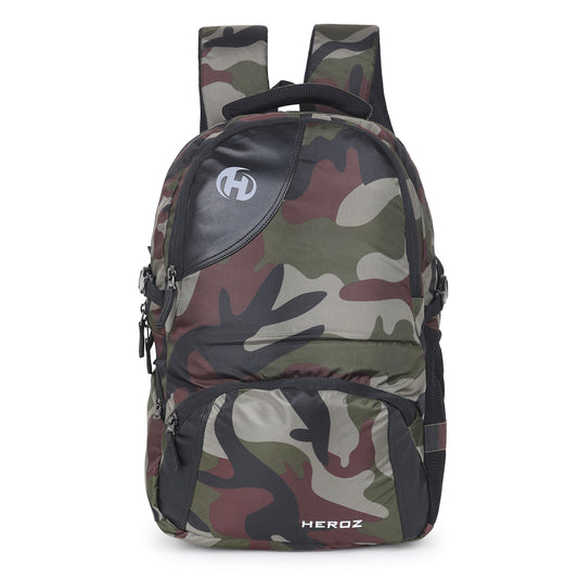 Camouflage backpack with 'HEROZ' branding on a white background