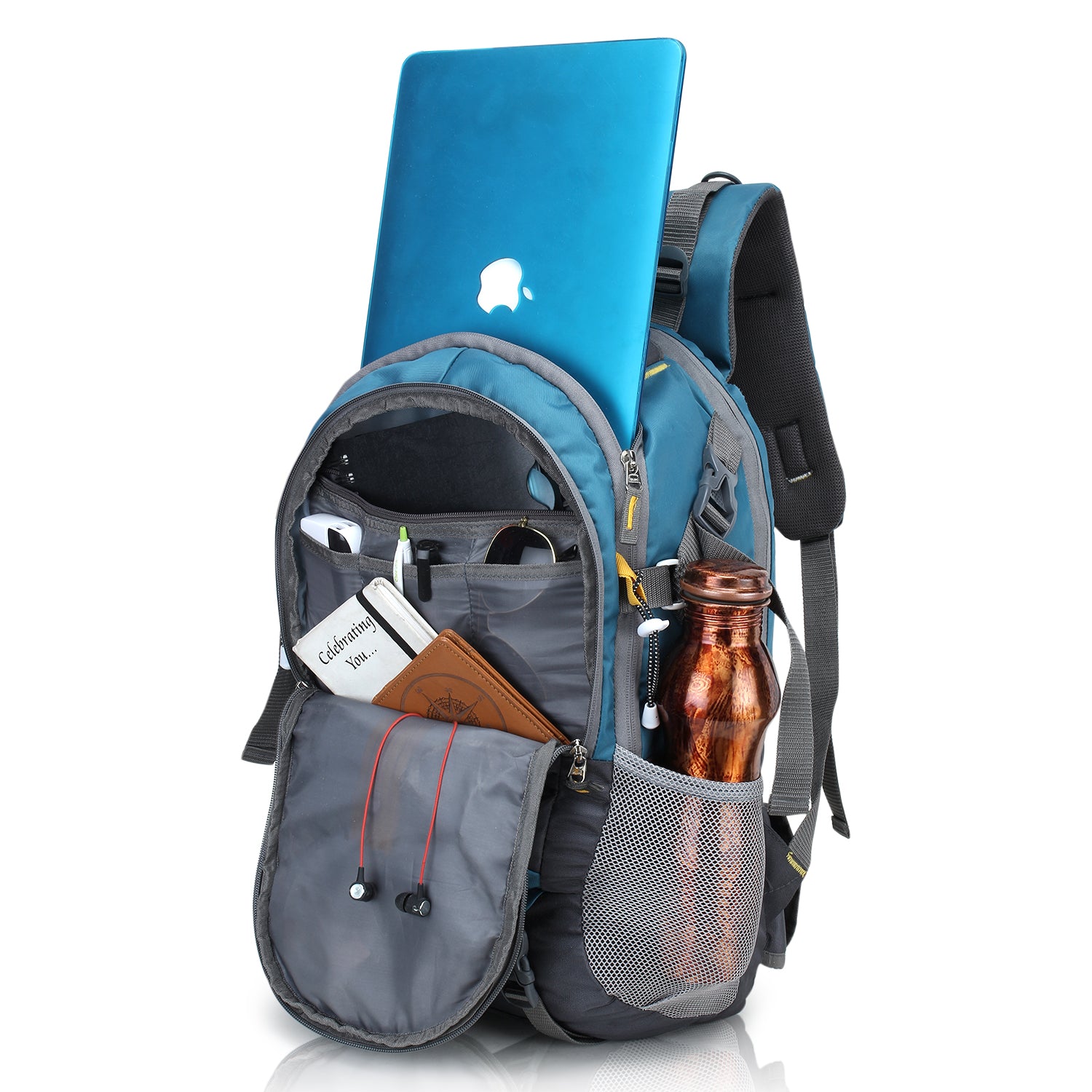 Blue backpack with Apple laptop, water bottle, and other items on a white background