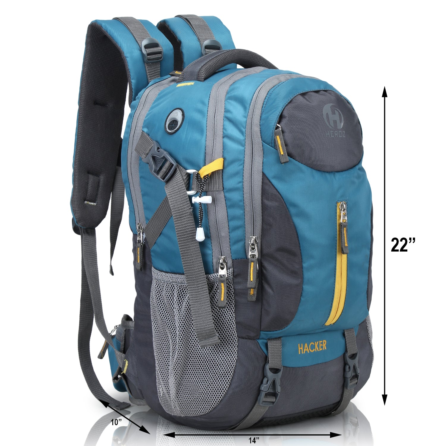 Blue and gray backpack with dimensions indicated on a white background