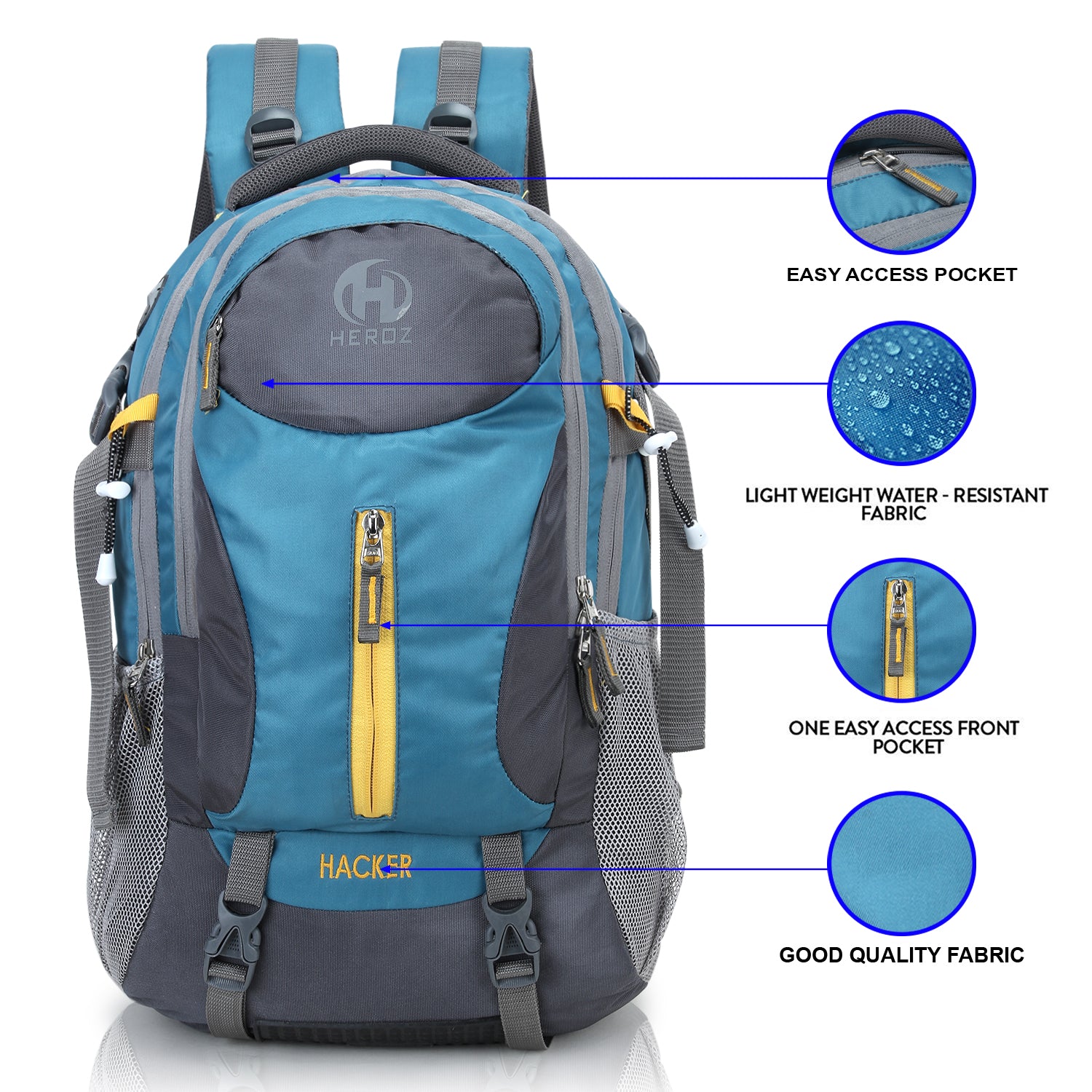 Blue and gray backpack with features highlighted on a white background