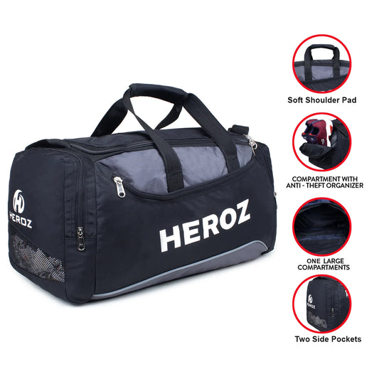 Black duffel bag with gray accents, featuring the HEROZ brand, on a white background.
