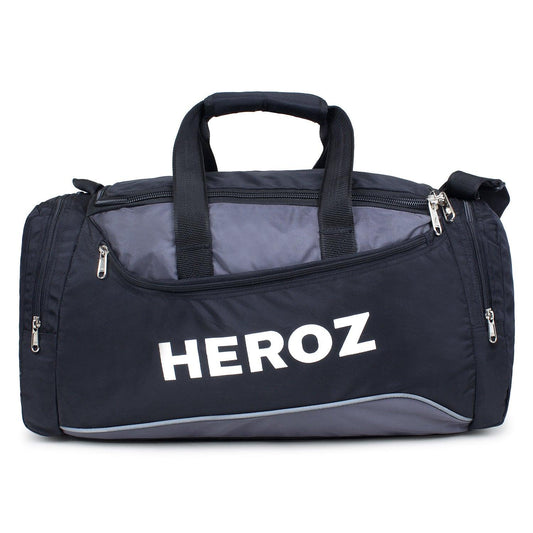 Black and gray duffel bag with 'HEROZ' branding on a white background