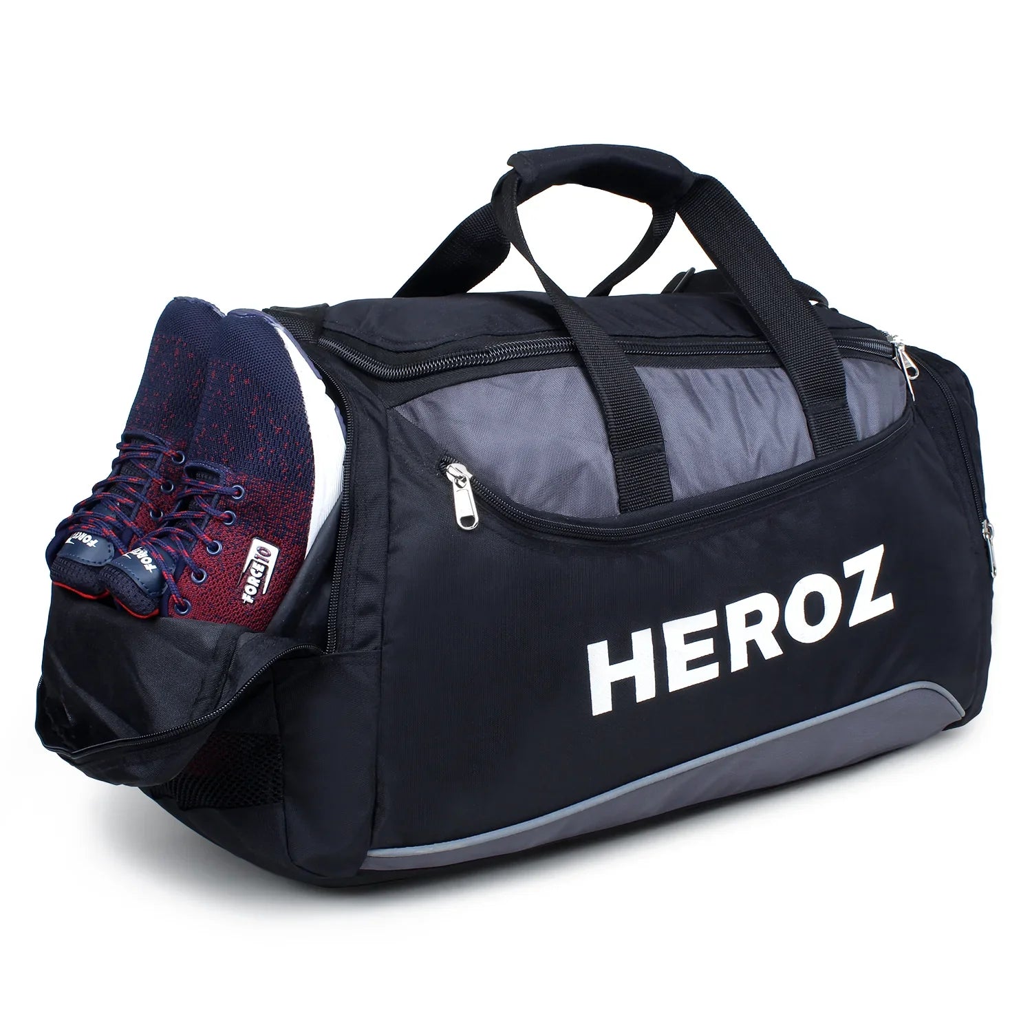 Black duffel bag with 'HEROZ' branding and a shoe on a white background