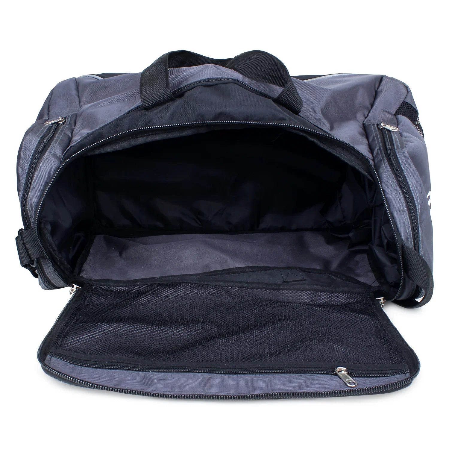 Open navy blue duffel bag on a white background
