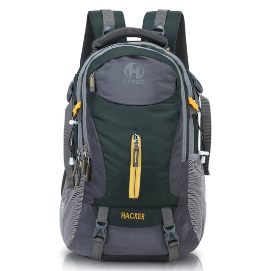 Green and gray backpack with yellow accents on a white background
