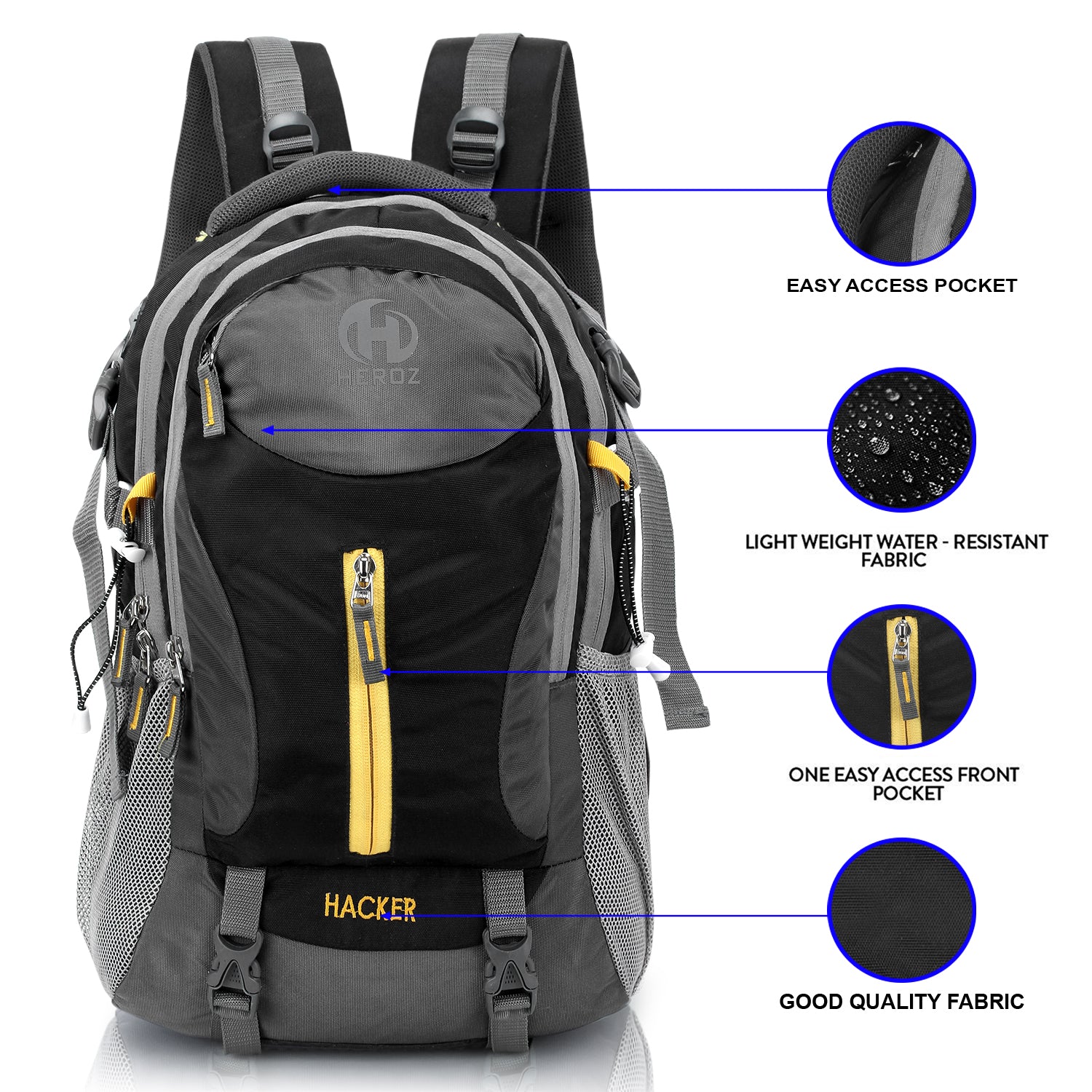 Gray and black backpack with features highlighted on a white background