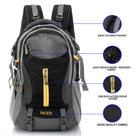 Gray and black backpack with features highlighted on a white background