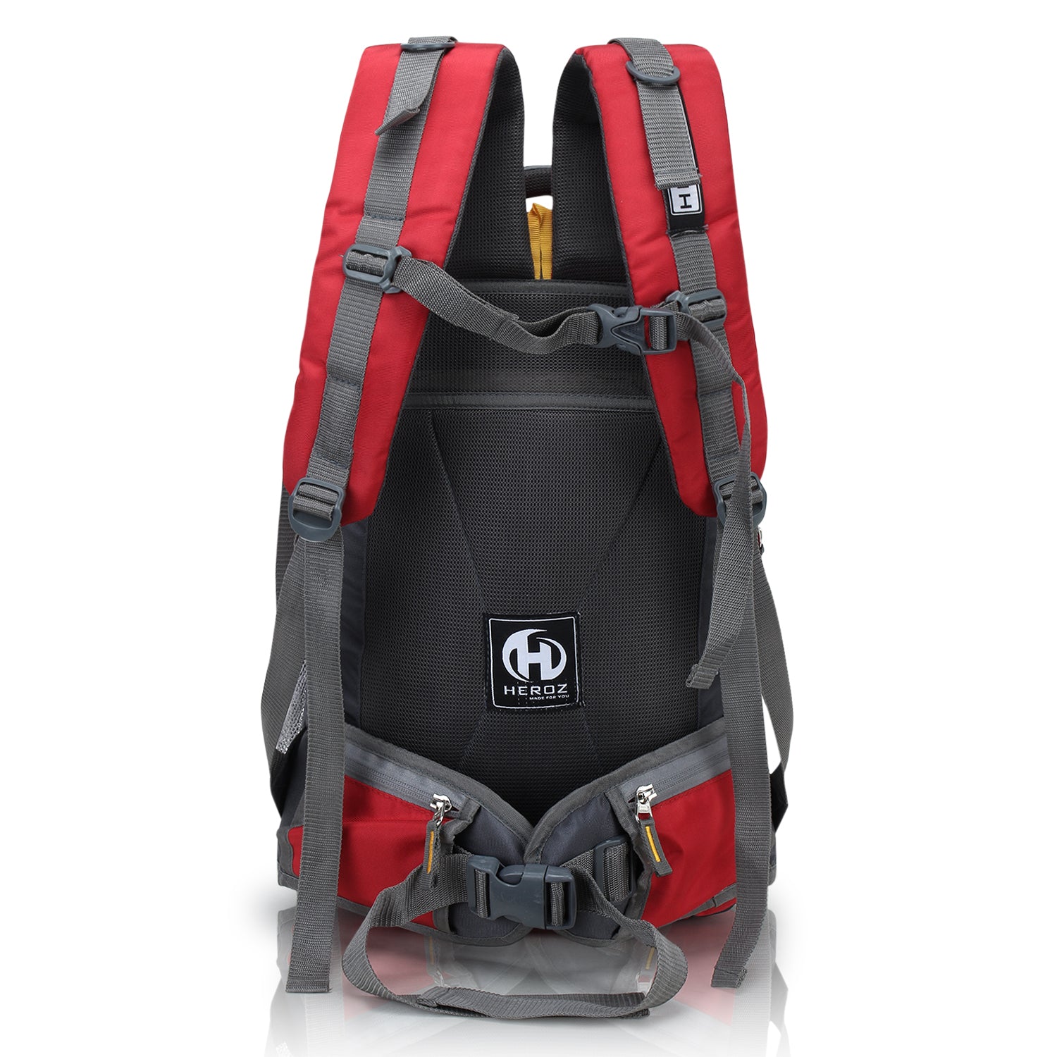 Red and gray backpack with a visible brand logo on a white background
