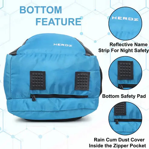 Blue backpack with safety features labeled on a white background
