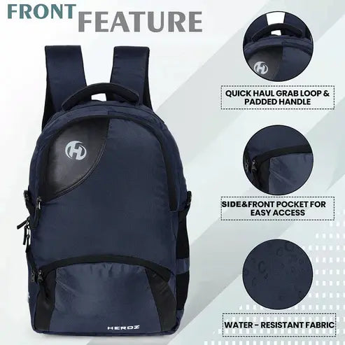 Navy blue backpack with features highlighted on a white background 17 inch laptop backpack 40L with rain cover and organizer compartments