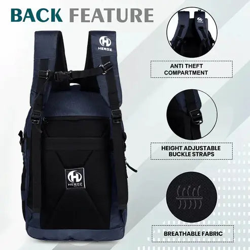 Black backpack with HEROZ branding, featuring anti-theft compartment, height adjustable buckle straps, and breathable fabric on a white background.