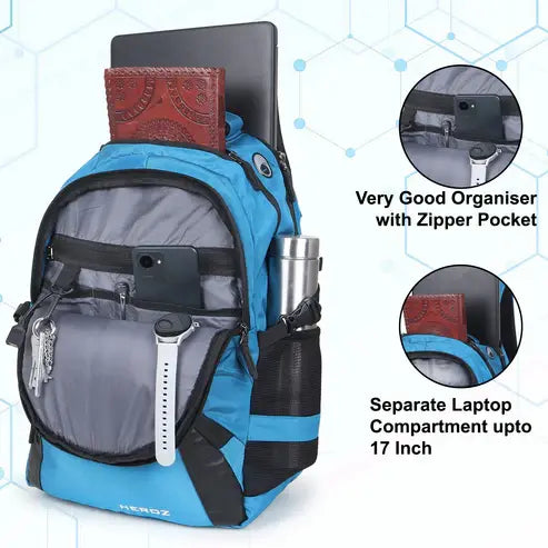 Blue backpack with compartments and a laptop sleeve on a white background