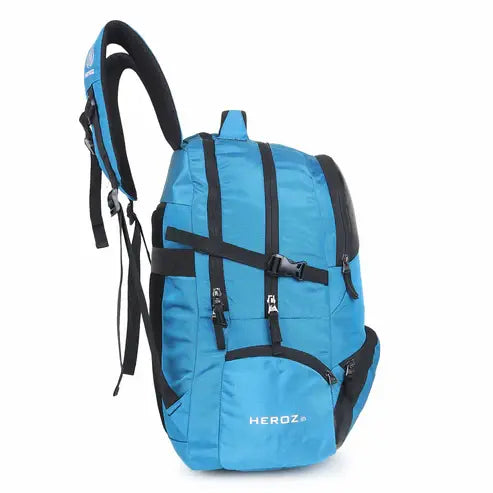 Blue backpack with black straps on a white background