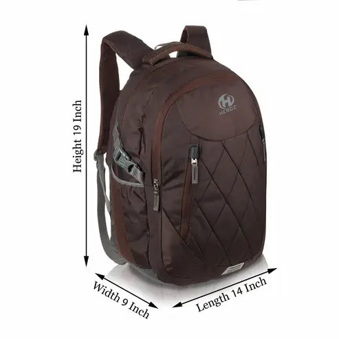 Brown backpack with dimensions labeled on a white background