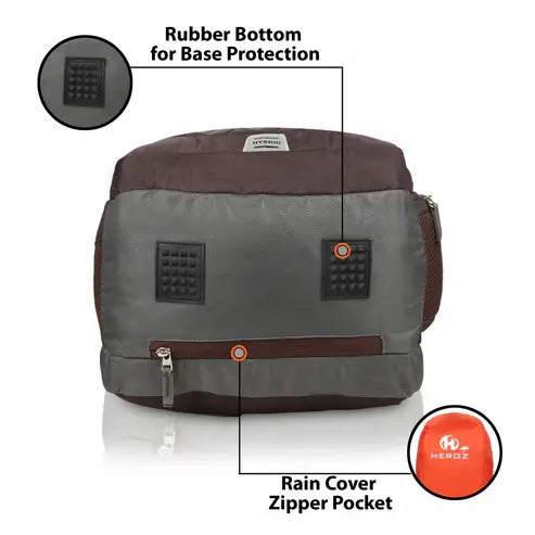 Gray and brown backpack with features highlighted on a white background