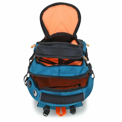 Blue and orange backpack with open front compartment on a white background