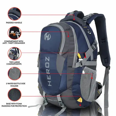Blue and gray backpack with features highlighted on a white background durable laptop backpack 45L for men and women travel office bag